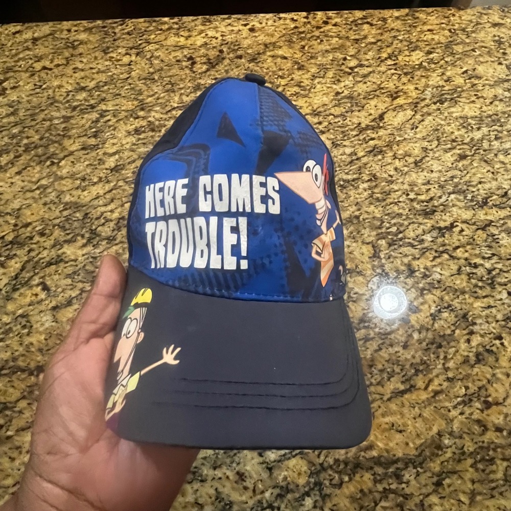 Disney Phineas and Ferb Here Comes Trouble Kids Baseball Cap Hat Blue Navy
